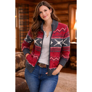 Chaps Sweater Size S Womens Zipper Cardigan Indian Aztec Tribal Red